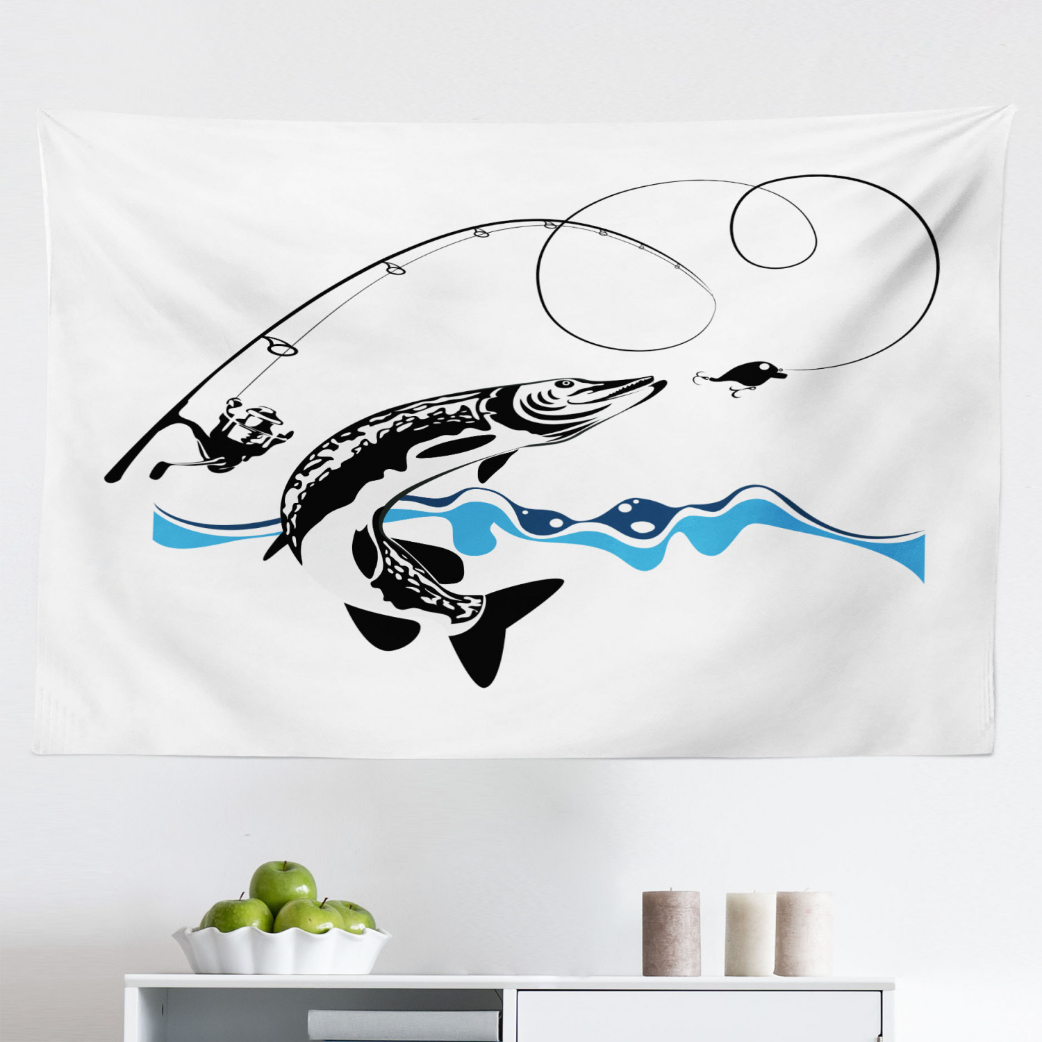 Fishing Tapestry, Largemouth Sea Bass Catching a Bite in Water Spray Motion  Splashing Wild Image, Fabric Wall Hanging Decor for Bedroom Living Room  Dorm, 2 Sizes, Green Blue, by Ambesonne 