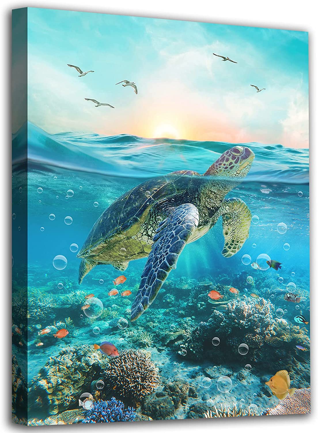 Turtle Canvas Wall Art Blue Ocean World Canvas Pictures Sea Animals Photography Prints Bird Fish Artwork Painting for Bathroom Living Room Bedroom Home Wall Decor Framed Ready to Hang 12"x 16"