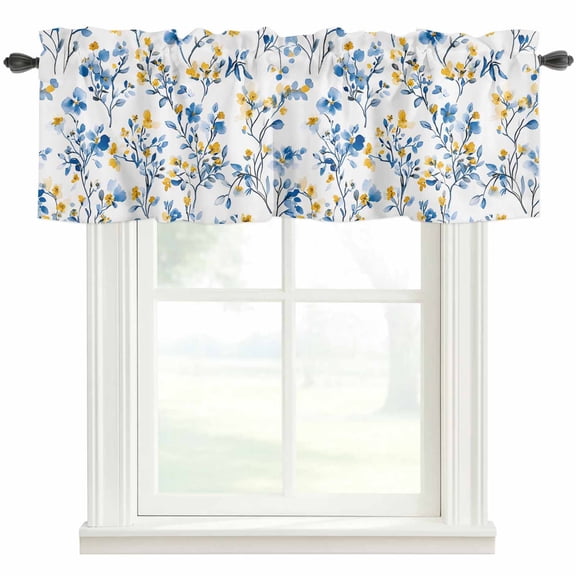 Spring Watercolor Valances for Windows Blue and Yellow Flower Eucalyptus Leaf Rod Pocket Curtain Valance Window Treatment Short Curtains for Kitchen Living Room, 42"x12"