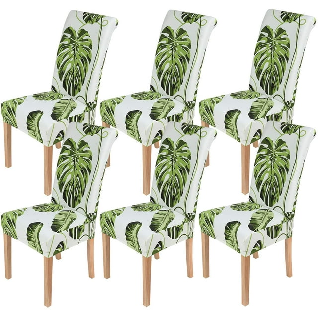 Stretch Printed Dining Chair Covers, Spandex Removable Washable Dining Chair Protector Slipcovers for Home, Kitchen, Party, Restaurant - Set of 6, Green Leaves