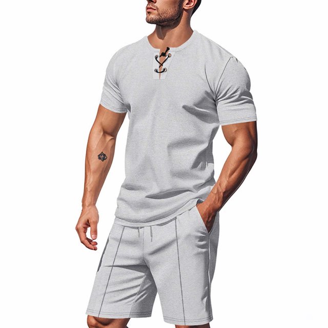 Eres Más Que una Prueba Puntuación Camisa Hombres Moda Cordón de Color Sólido Manga Corta Blusas con Cuello en V Conjunto de Cintura Elástica