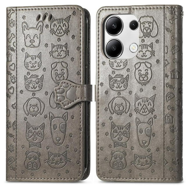 Funda Cartera FOXDOCK para Xiaomi Redmi Note 13 4G , Flip PU con Relieve de Gatos y Perros, Tarjetero y Soporte