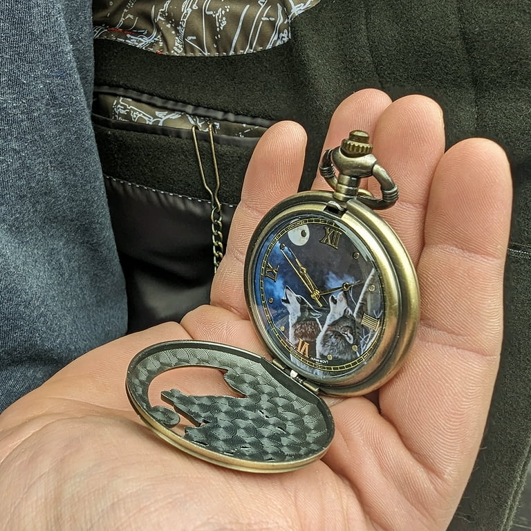 Bronze Face Men's Howling Wolves Pocket Watch Chain Ornate Wolf Quartz Mens Gift Bronze Face Men's Howling Wolves Pocket Watch Chain Ornate Wolf Quartz Mens Gift