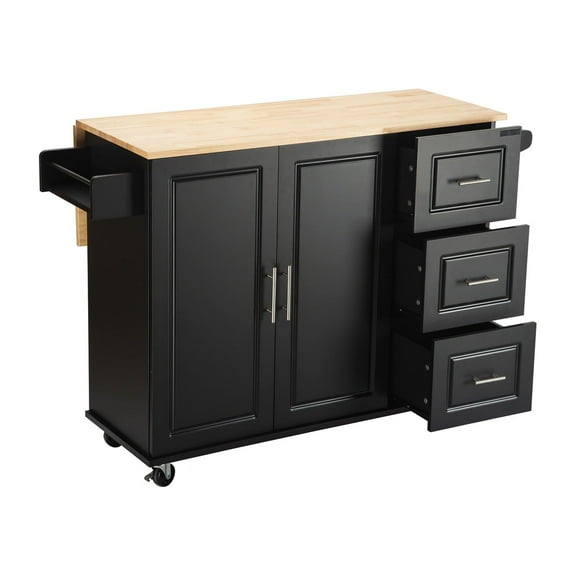 Nmkwnr Rubber Wood Table Top Kitchen Island Cart with Adjustable Shelf Inside Cabinet, 3 Drawers, Spice Rack, Towel Rack, Black