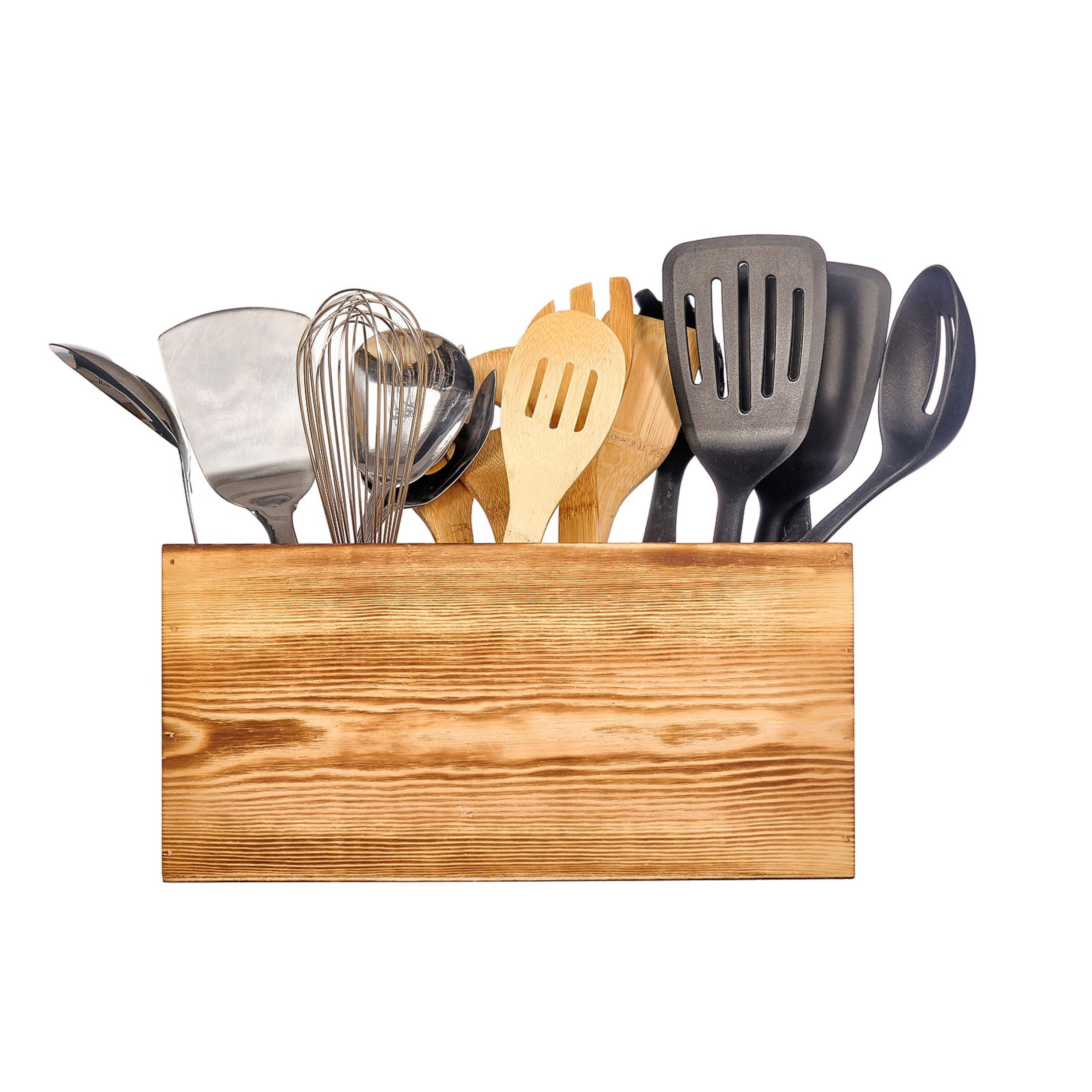 CB Accessories Utensil Holder Crock in Rustic Wood for Cooking Tools Storage (Large)