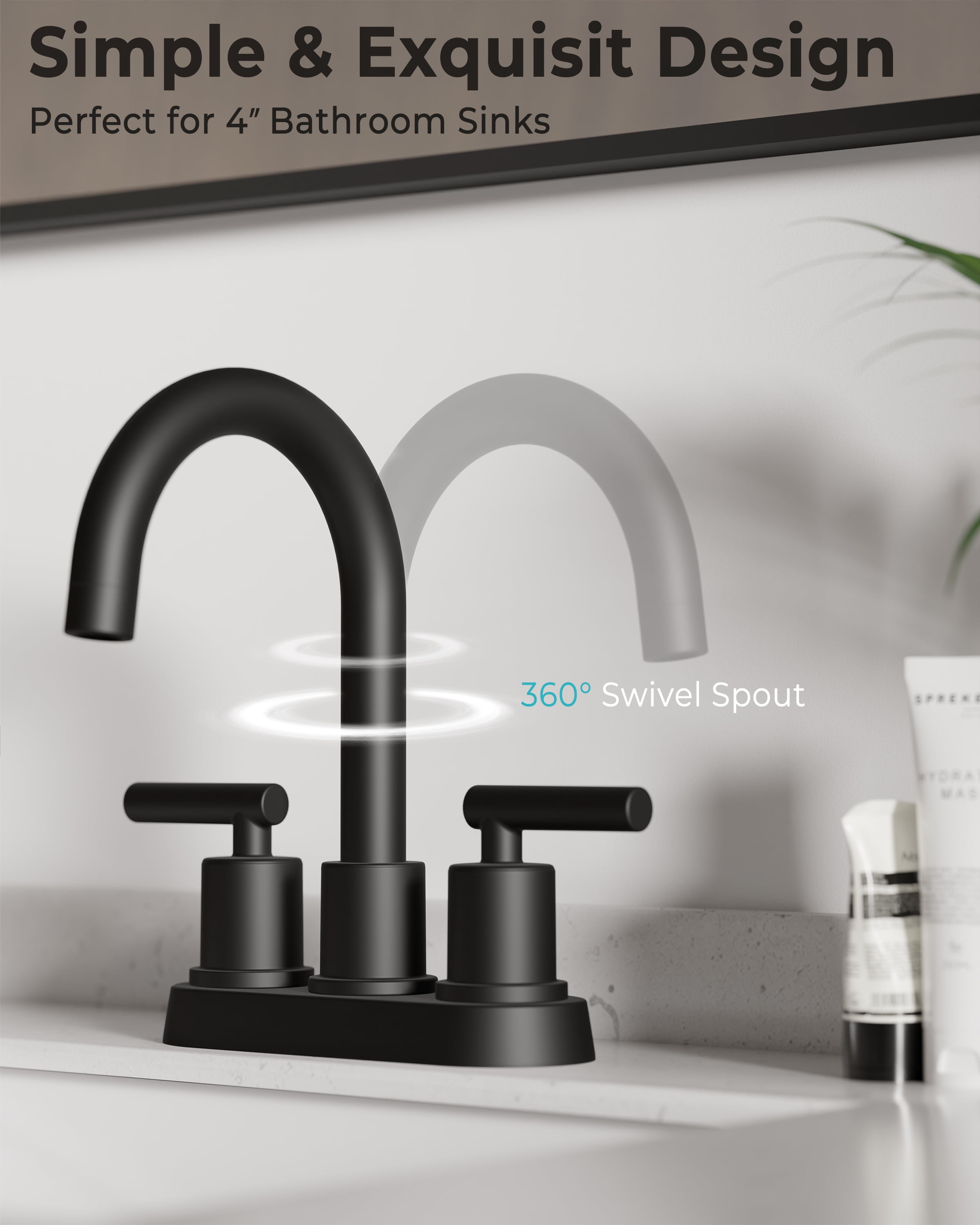 VXV Bathroom Faucet 4 Inch 2 Handle Centerset Utility Lavatory Vanity Faucet Modern 360 Rotating Black Faucet with Pop-up Drain Stopper Assembly and Supply Lines Fit 2 or 3