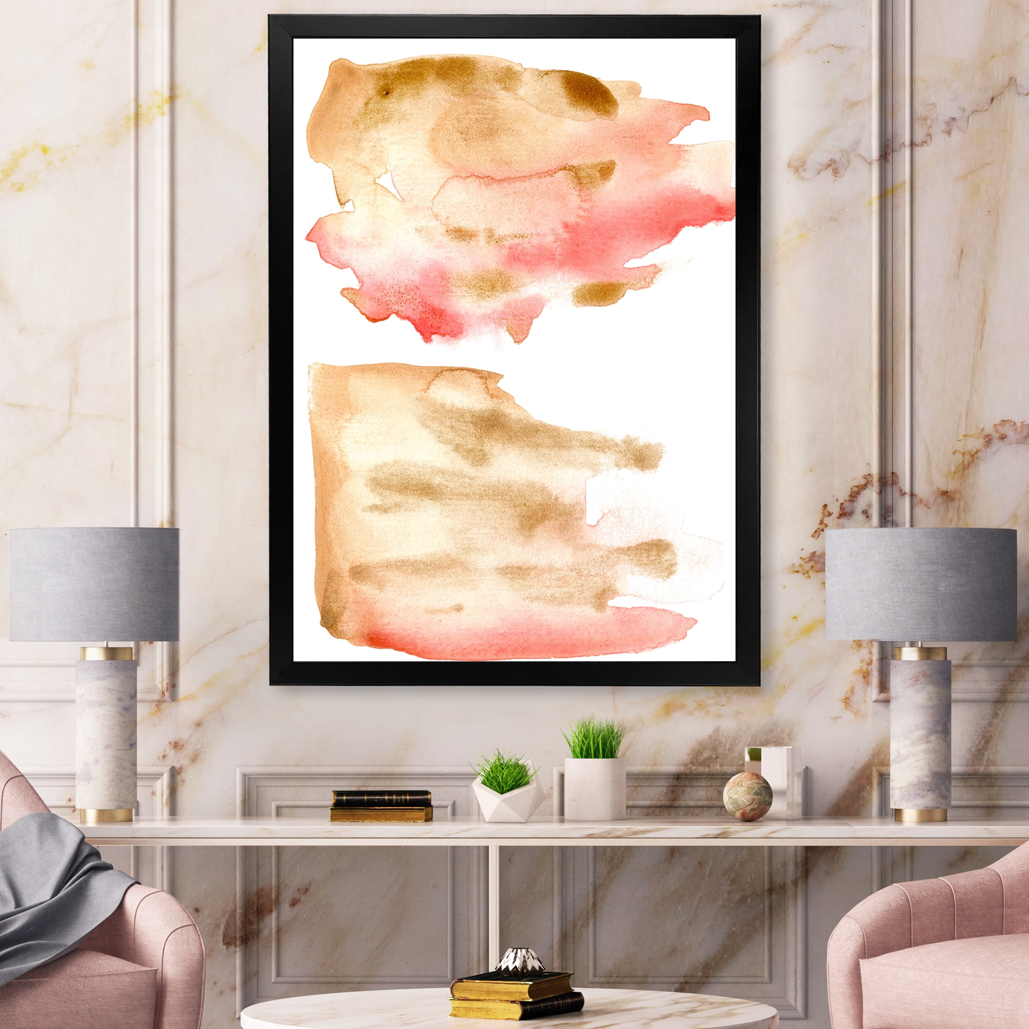 Designart 'Red Pink Gold and Beige Abstract Clouds' Modern Framed Art Print