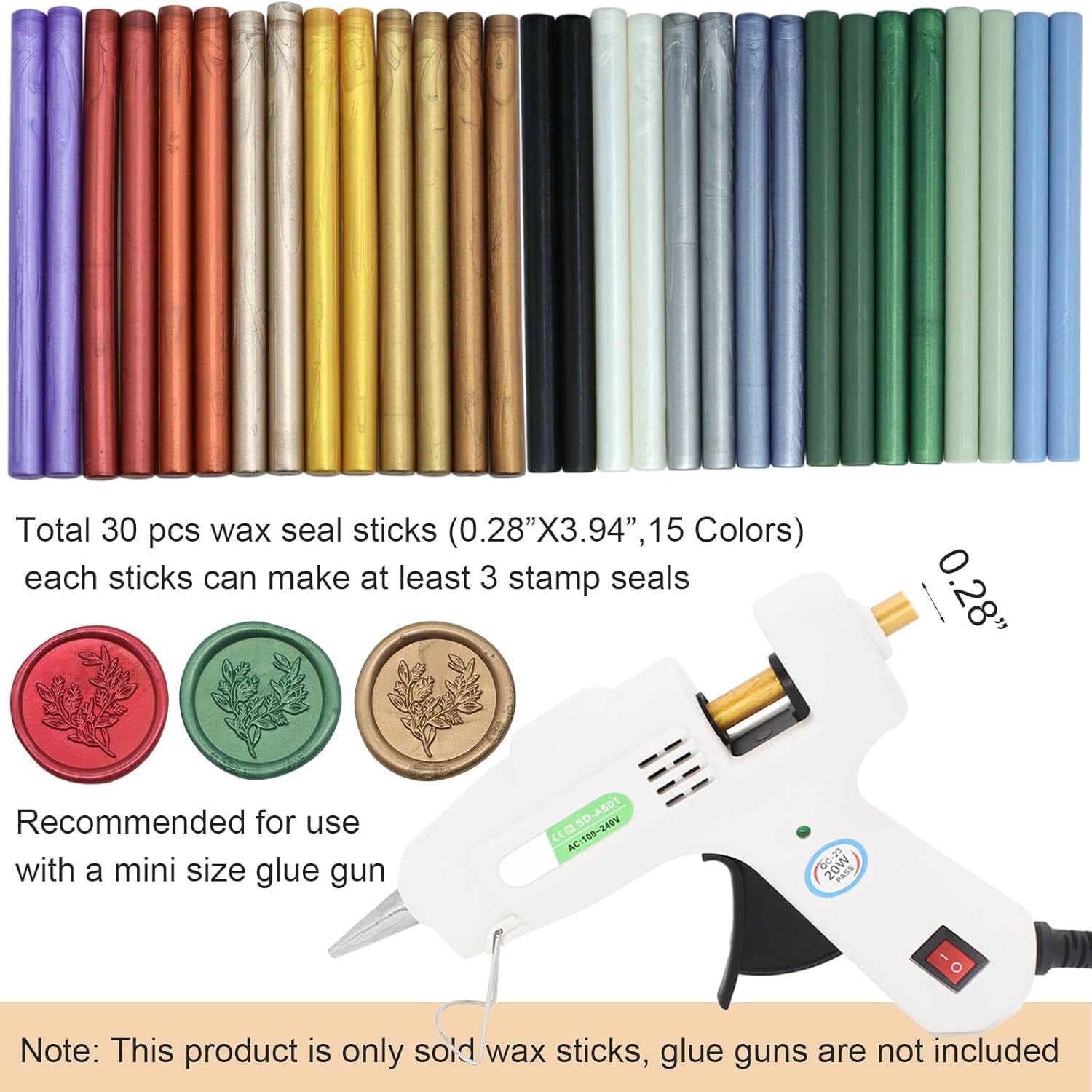 30 Pcs Wax Seal Sticks Mixed Colors, General Glue Gun Sealing Wax Sticks for Wax Seal Stamp, Mini Wax Seal Glue Gun Sticks Gold Green Red Black Assorted Colors for Envelope Seal Craft (15 Colors)