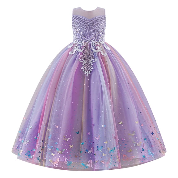 IBTOM CASTLE Flower Girl Sparkly Sequins Shiny Butterfly Formal Wedding Tulle Dress Junior Pageant First Communion Easter Princess Party Birthday Ball Gown 3-4T Rainbow Purple