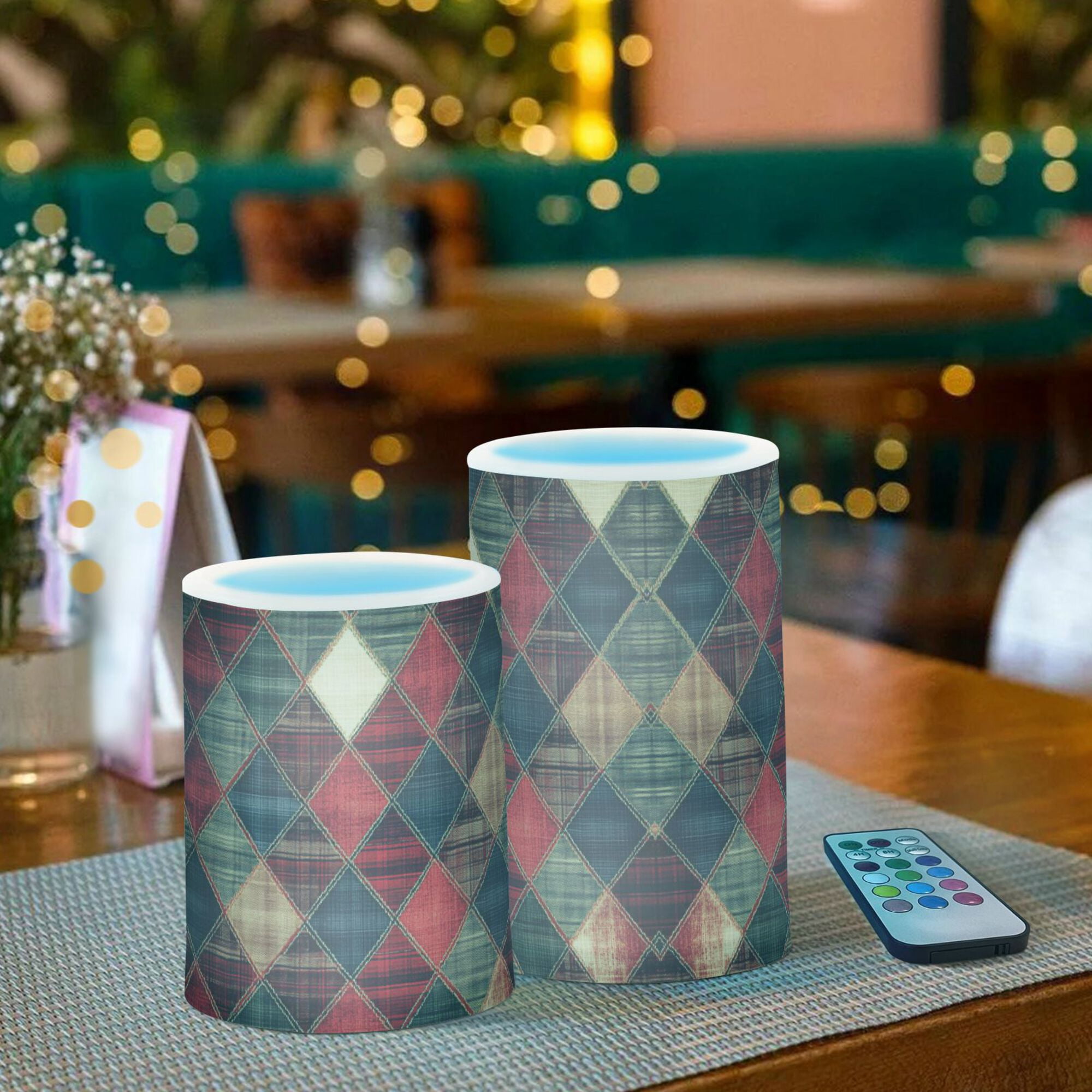Yayeee Flameless Candles with Remote Flickering Battery Operated Multi Color Changing, Dark Tartan Pattern