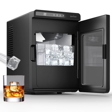 May in Color Clear Ice Maker for Home – Compact Countertop Ice Machine with 1.6" Square Ice Cubes, Self-Cleaning, LED Light & Timer, Portable Electric Ice Maker for Kitchen, Bar, RV, Black