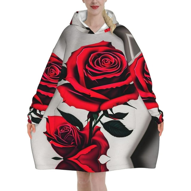 Chandail à Capuchon Couverture Surdimensionné Douillet à Imprimé de Roses Rouges Noël Adultes Chaud Hiver Cadeau Snuggie avec Poche
