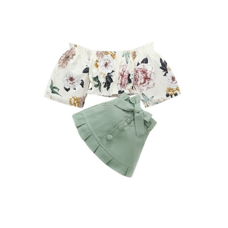 

ZIYIXIN Kids Girls Clothes 2pcs Flowers Off Shoulder T Shirts Tops+Ruffles A-Line Belt Skirts Sets Green 2-3 Years