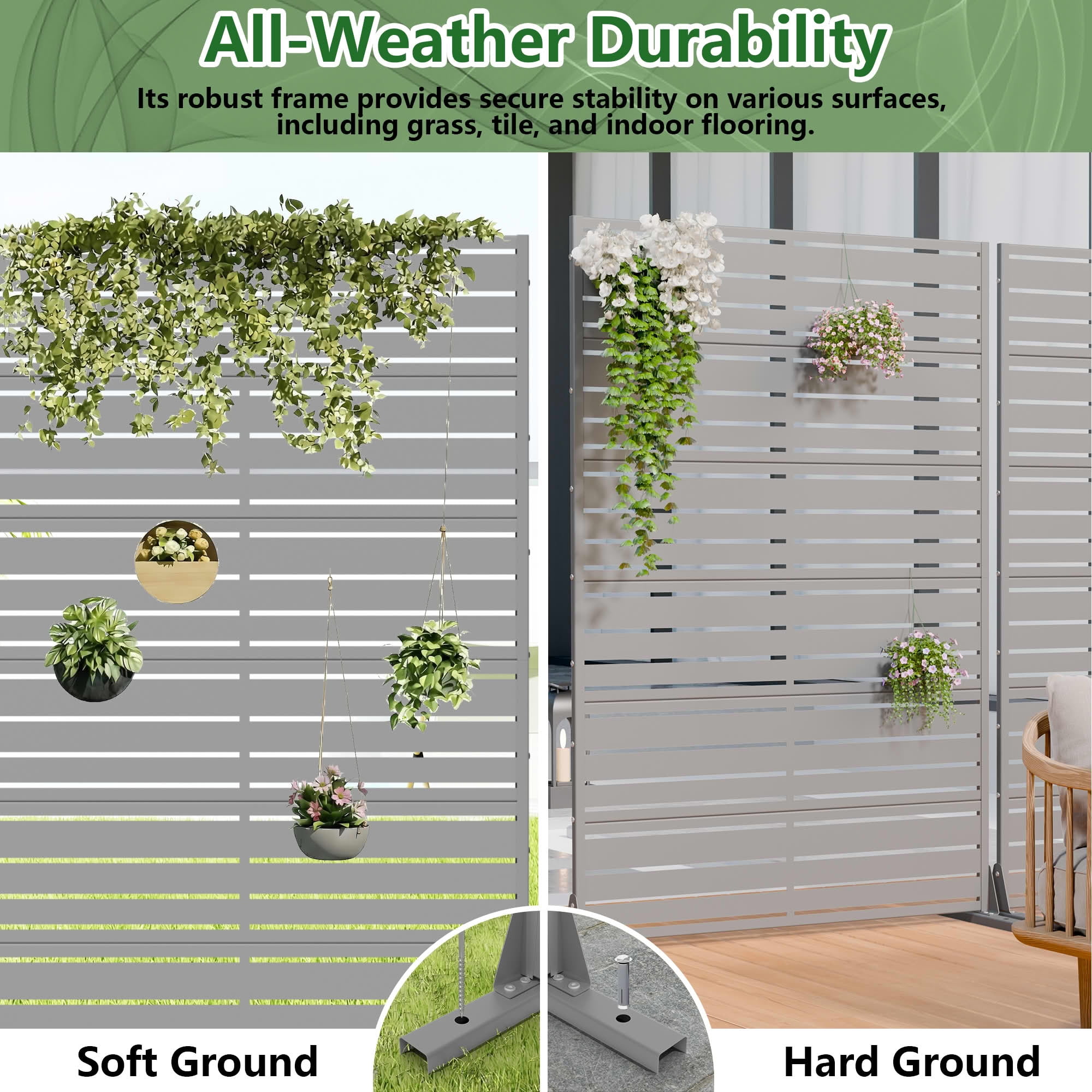 MAYEERTY 2-Piece 72"x47" Privacy Screen, Gray 6-Panel Galvanized Steel Louvered Fence, Wide-1 Narrow-2, Freestanding for Patio Backyard