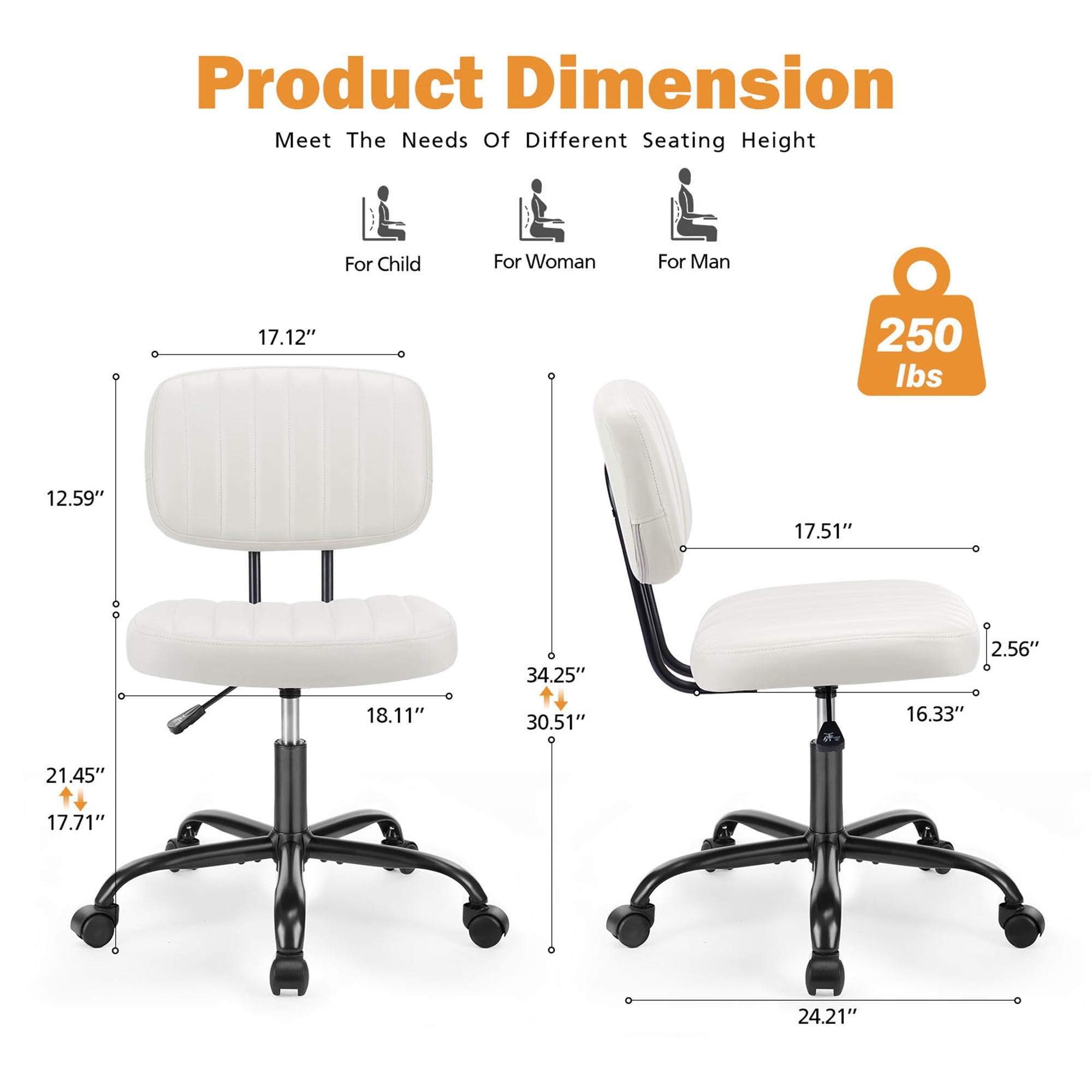 Spaco Small Home Office Chair,Cross Legged Armless Wide Adjustable Swivel Padded Fabric Home Office Desk Chair with Wheel, White