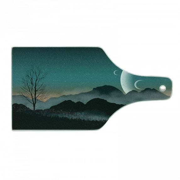 Space Cutting Board, Night Sky on Mountain Range Forest Crescent Moon Star Cosmic Infinity Astral Graphic, Tempered Glass Cutting and Serving Board, Wine Bottle Shape, Teal Black, by Ambesonne