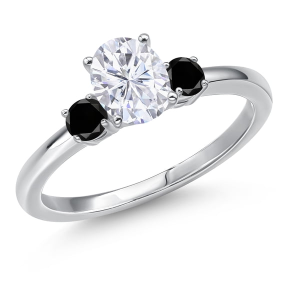 Gem Stone King 14K White Gold Moissanite and Black Diamond Engagement Ring for Women | 1.10 Cttw | Oval 7X5MM | Gemstone Birthstone | Size 6