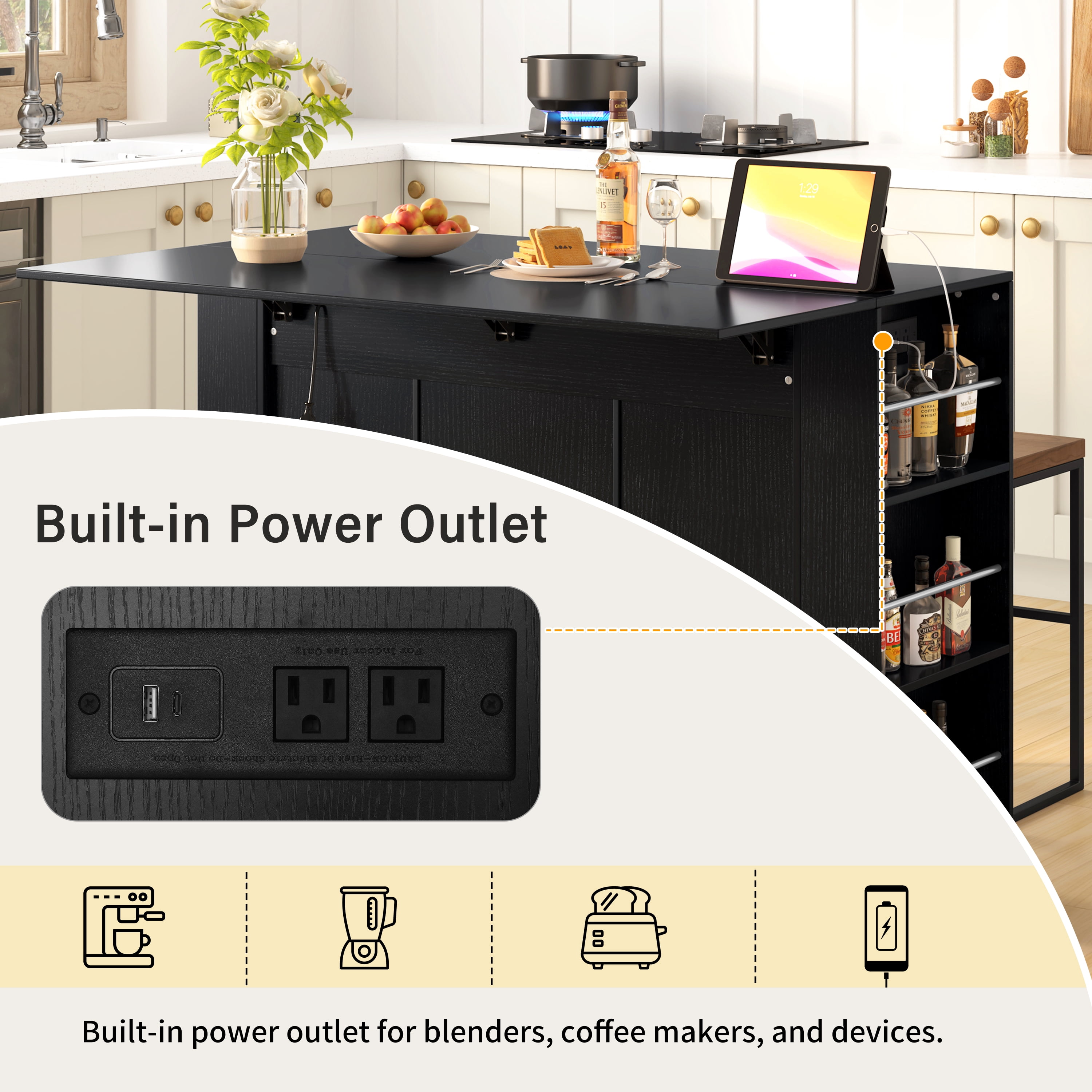 Mintazer Kitchen Island Bar Cabinet with Foldable Top & Power Outlet, Storage Freestanding Counter Wine Station with Wine Rack & 2 Door, Black (Chairs Not Included)