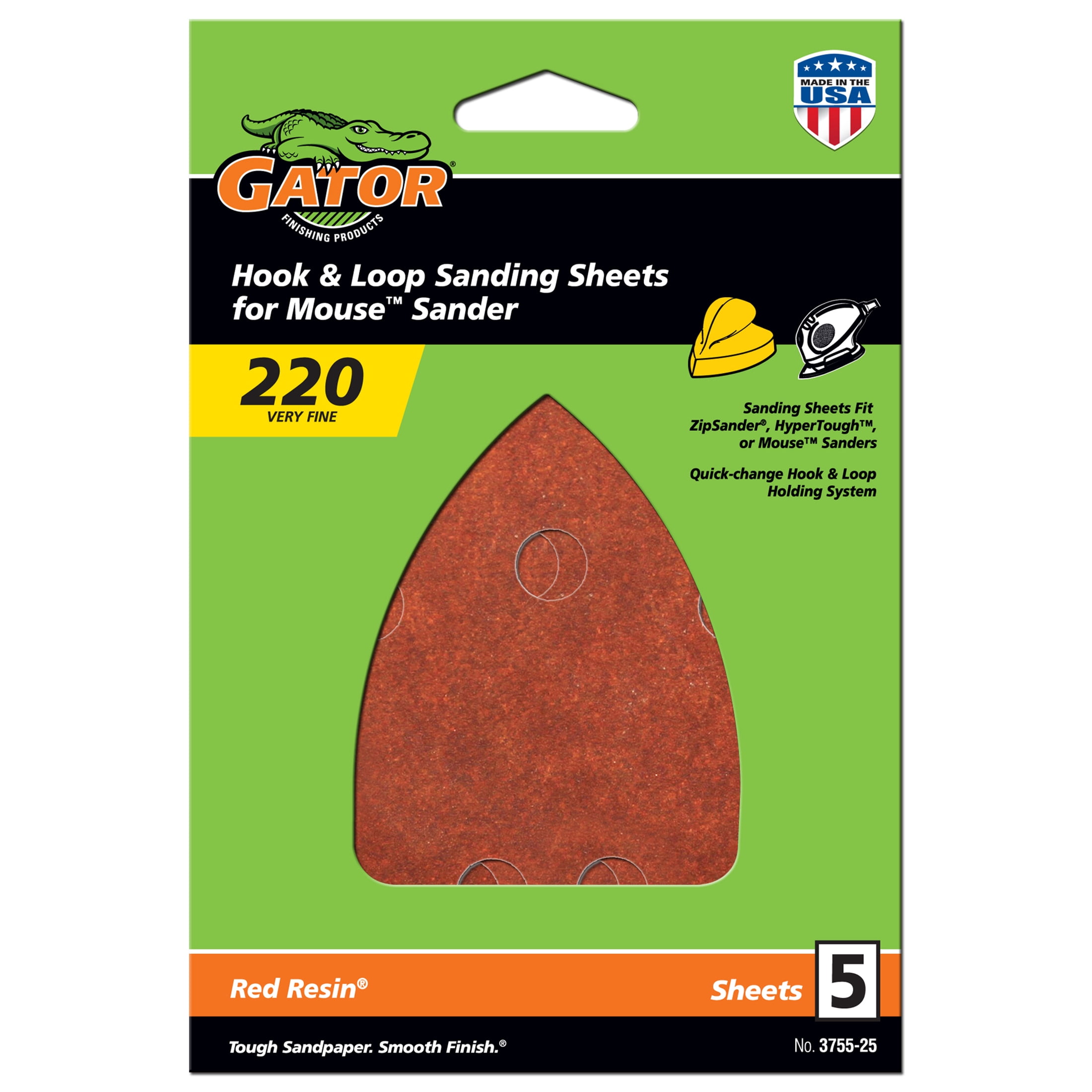 Gator Aluminum Oxide Hook and Loop Mouse Detail Sanding Sheets, 220-Grit, 5-Pack, 3755-25