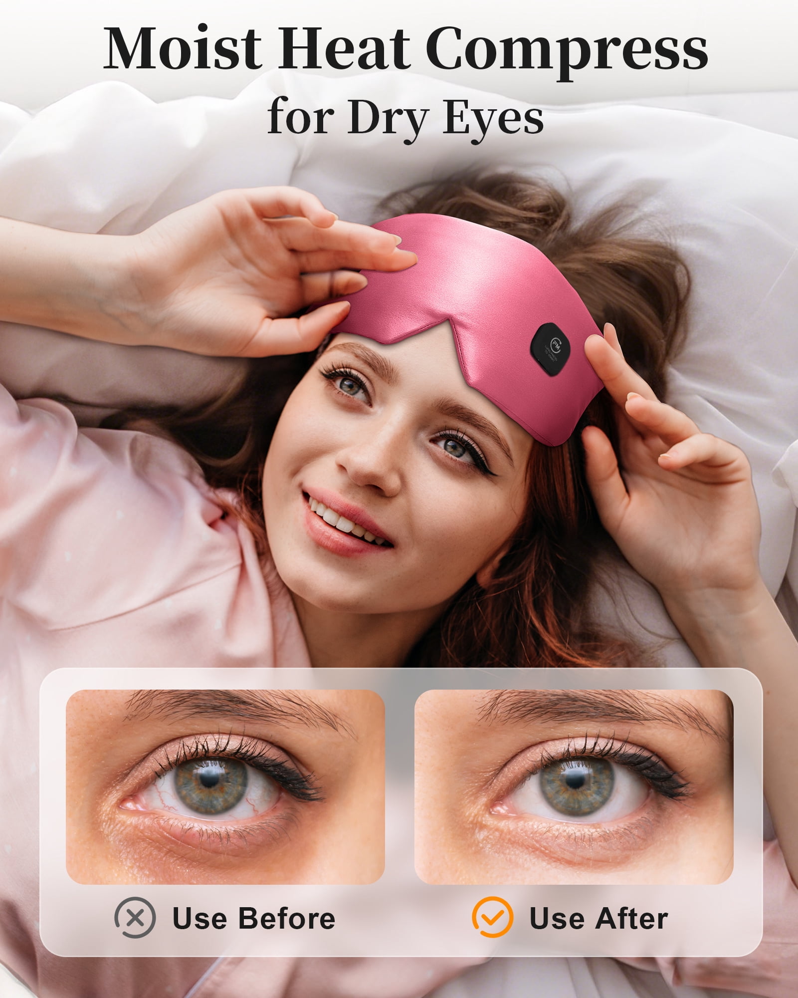 FACEMOON Rechargeable Cordless Heated Eye Mask Silk Design for Dry Eyes Comfort Moist Heat Warm Compress Washable Travel Pink