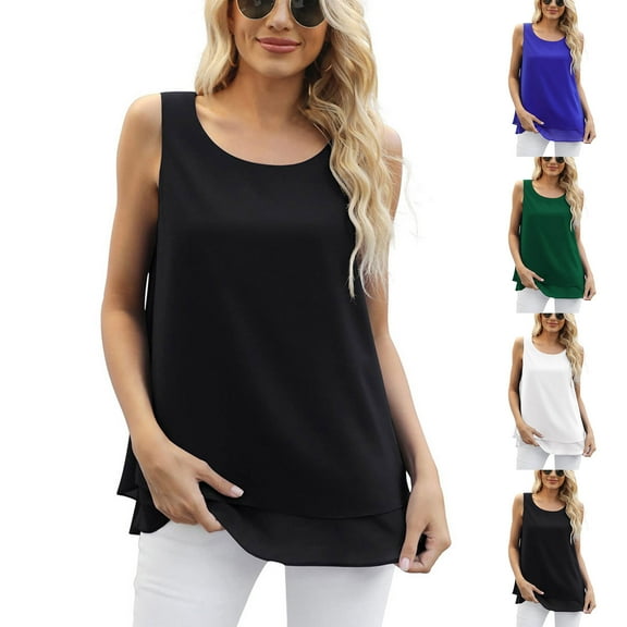 ZZwxWA Women's Sleeveless Tops Chiffon Tank Double Layers Summer Blouse Casual Tunic Womens Summer Vest Solid Color