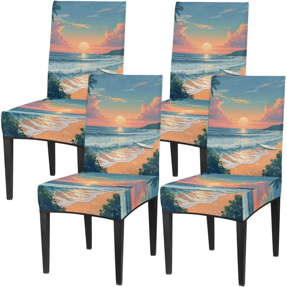 Sunset Beach Chair Covers for Dining Room Set of 4, Washable Spandex Parsons Slipcovers, Removable Kitchen Chair Cover, Stretch Seat Protector for Home Party Hotel