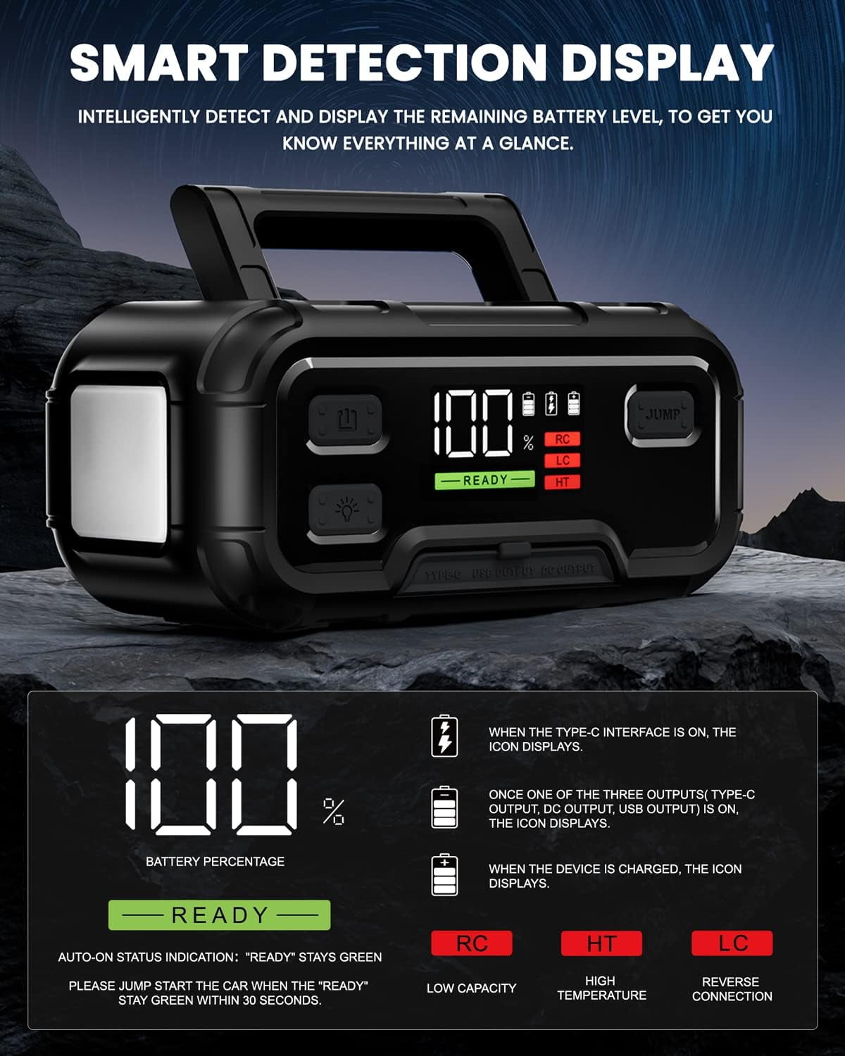 HOPCREW Battery Jump Starter, 6000A 32000mAh Car Battery Jump Starter with LED Display for All Gas or  12L Diesel, 12V Jump Box with Battery Booster with Built-in LED Light