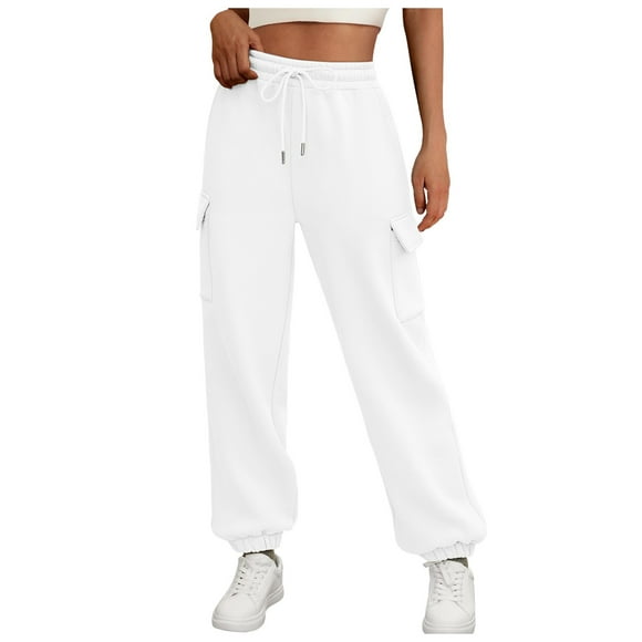 LUOGENLI Female Casual Pants Womens Sweatpants Cargo Lined Baggy Athletic Jogger with Pockets024 Casual Trendy Pants Fall Outfits Casual Pants for Women Slim Fit White S