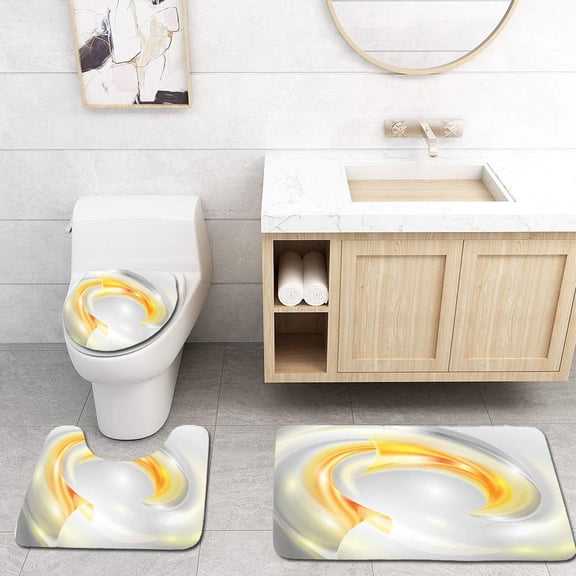 GOHAO Grey and Yellow Abstract Modern Futuristic Wavy Ombre Art Black Marigold 3 Piece Bathroom Rugs Set Bath Rug Contour Mat and Toilet Lid Cover