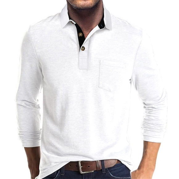 VALMASS Polos en Coton pour Hommes Col Rabattu Manches Longues Chandails à Enfiler Blouses Décontractées Ajustées Hauts avec Poche (2TG, Blanc)