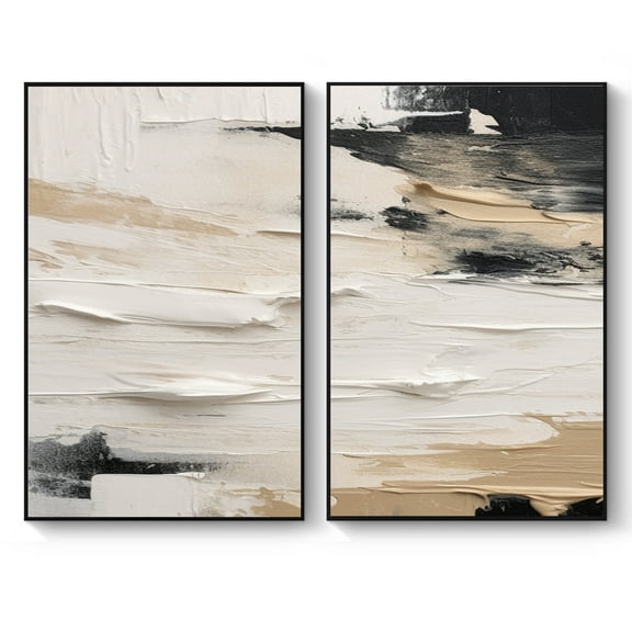 Handcrafted Black and Beige Abstract Oil Painting on Canvas Modern Wall Art for Home Decor,Unframed,2Pcs 18*24inch