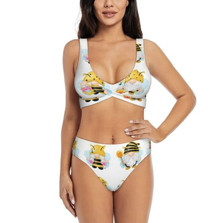 Zeuib Gnomes Honey Bee High Waisted Tummy Control Bikini Set - Knot Front Push Up Top & Cheeky Thong Bottom  Two-Piece Swimsuit for Women-Small