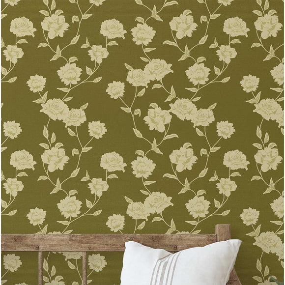 S4sassy Self-Stick Decorative Wallpaper, Beige Rose Vine Print Wall Paper, Textured Vinyl Waterproof Contact Paper, Green , 25"x240" Removable Renter Friendly Wall Covering For Bedroom, Livingroom