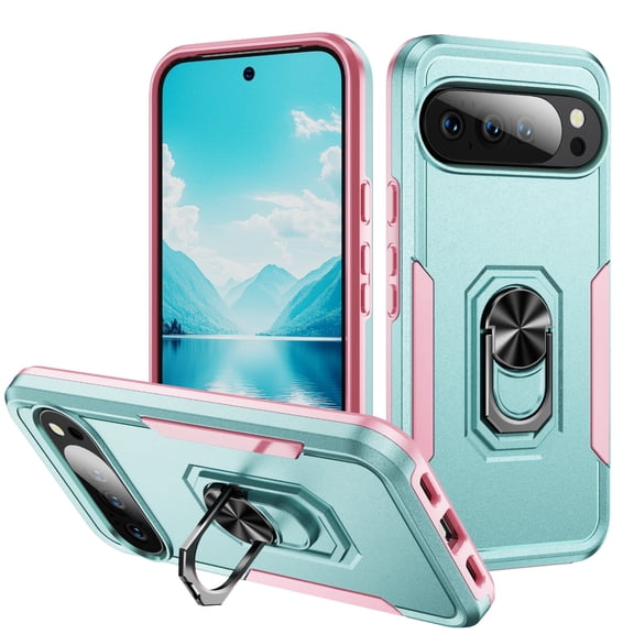 for Google Pixel 11 Rugged Case,Military Grade Drop Protection,Rotatable Metal Ring Holder Kickstand,Heavy-Duty Shockproof Cover for Pixel 11 Pro 6.3"(Green/Pink)