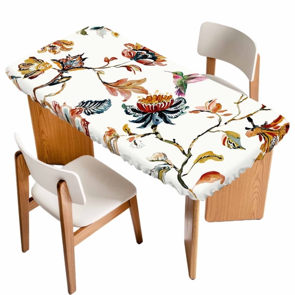 Spring Floral Table Cloths for 4 Foot Rectangle Tables, Summer Botanical Flowers Vintage Birds Patio Waterproof Elastic Fitted Tablecloths, Washable Rectangular Table Cover for Camping