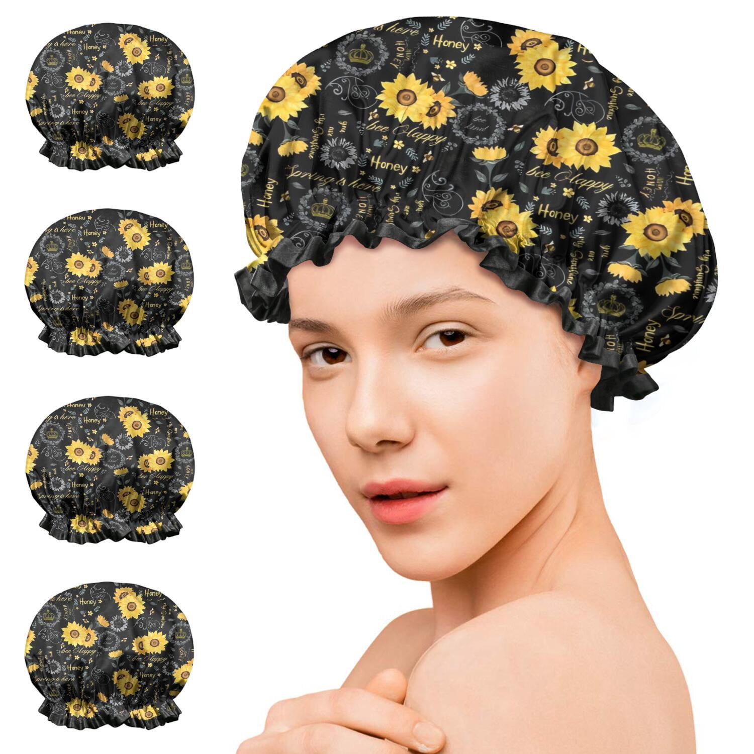 Shower Caps,Black Sunflower Word Pattern Waterproof Shower Cap for Women 4 Pieces,Double Reusable Hair Cover for Shower PEVA Elastic Stretch Hem