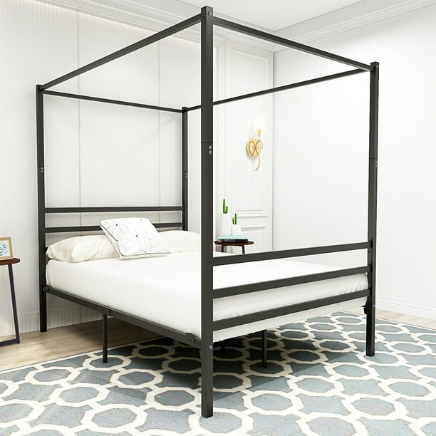 Black Canopy Bed Frame Full Size Metal, King Size Four Poster Metal Bed Frame