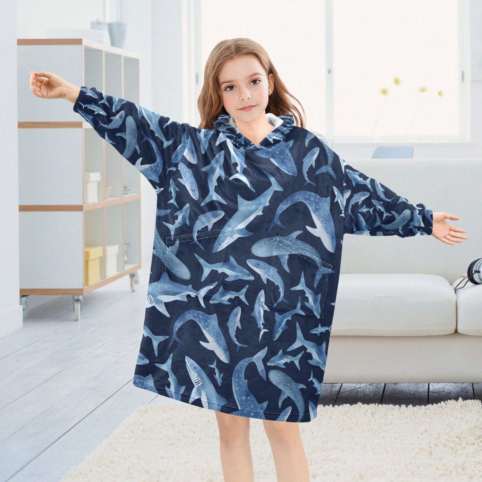 FORMRS Wearable Blanket Hoodie with Sleeves for Kids Cozy Flannel Sweatshirt, Watercolor Shark Pattern