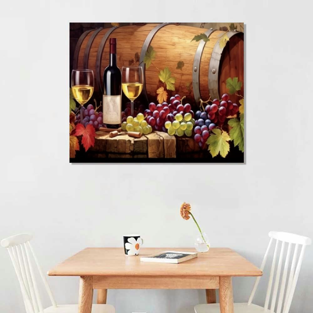 COMIO  Wine Wall Art Canvas Kitchen Wine Picture Prints Grape Barrel Painting Red Wine Glass Artwork Prints for Home Kitchen Dinning Room Bar Wine Cellar Decor