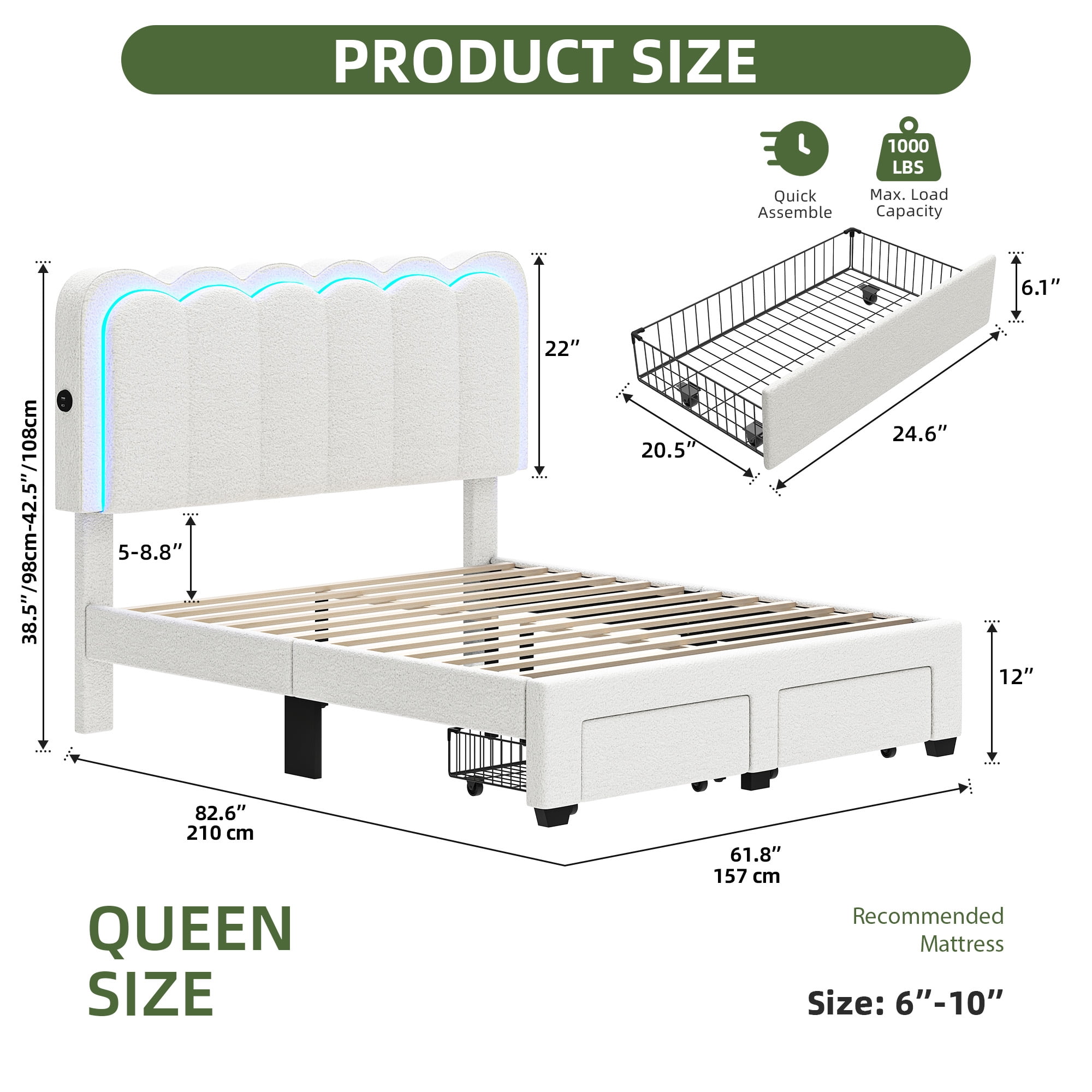 Uforic Queen Size Upholstered Bed Frame with Charging Station & Drawer, Storage Bed Frame with LED Lights & Adjustable Headboard, White