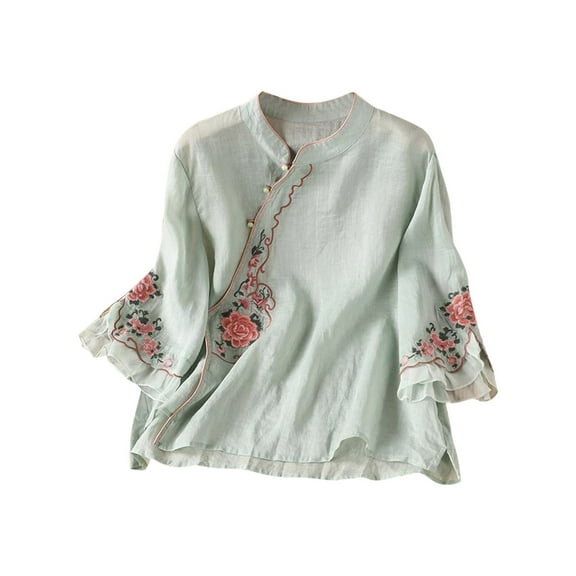 ZQUUVOU Women's Cotton Linen T-Shirt Embroidered Button 3/4 Sleeves Crew Neck Blouse Blue (4XL(6))