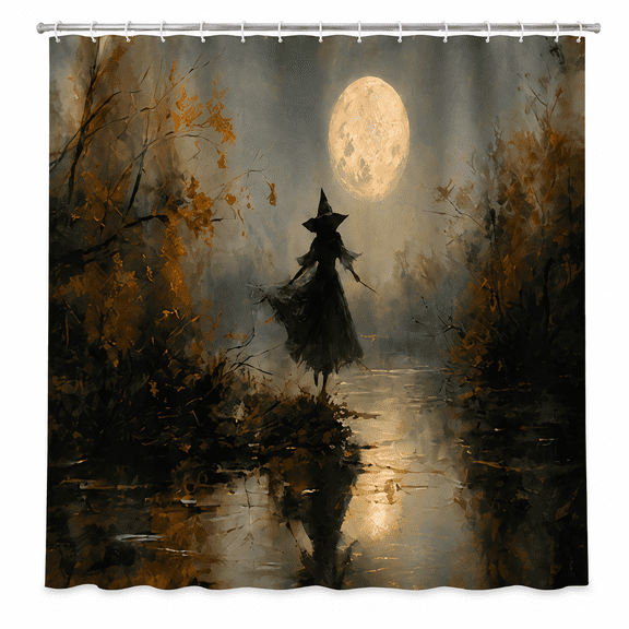Halloween Witch Shower Curtain, Vintage Gothic Full Moon Forest Witch Silhouette, Dark Academia Spooky Halloween Decor Waterproof Fabric Bathroom Curtain with Hooks, 72x72 Inches