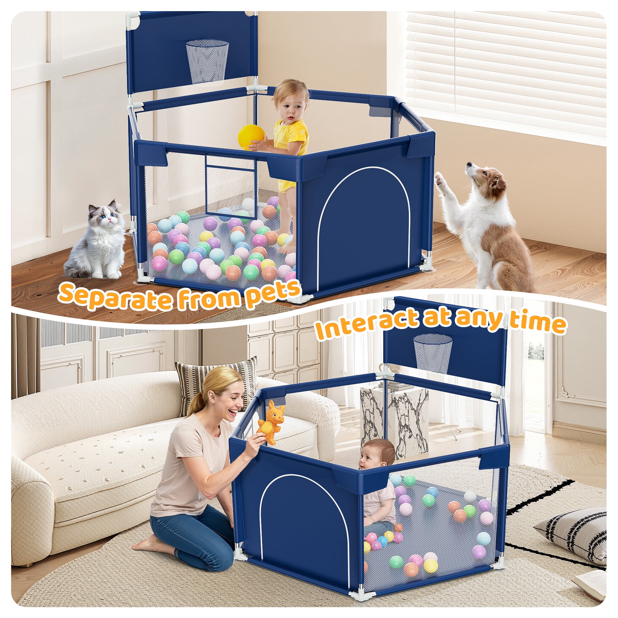 babyeap Baby Playpen with Basketball Hoop,Playpen for Babies and Toddlers,Hexagonal Fence Baby Play Yards,Navy Blue
