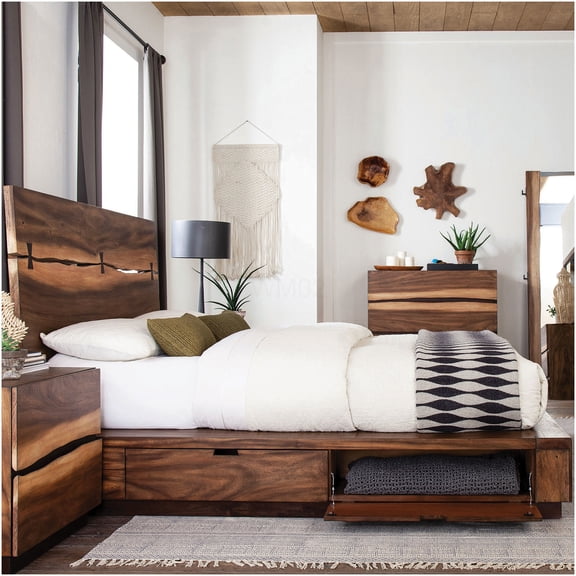 Eastern King Size Storage Bed Frame with Headboard, Walnut Finish Wood Platform Bed for Modern Bedroom, No Box Spring Needed