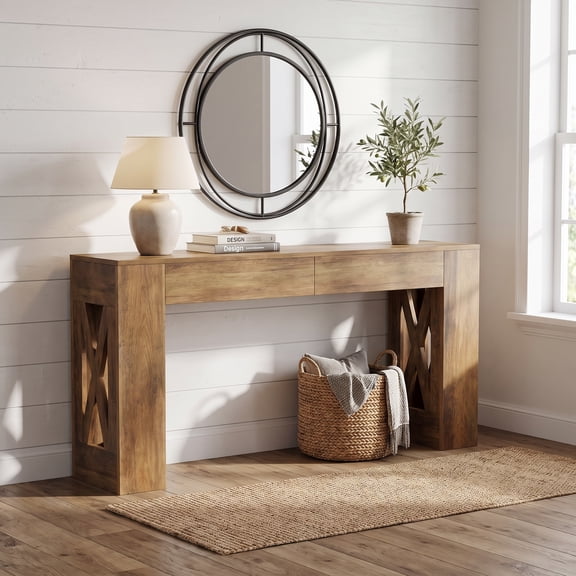 Fnova 63" Farmhouse Console Table with 2 Drawers, X-Shaped Legs Entryway Table, Narrow Long Sofa Table for Living Room, Hallway, Foyer