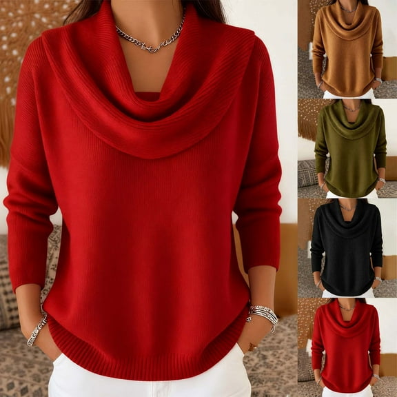 Aboser Womens Cowl Neck Sweaters Trendy Cable Knit Jumper Tops Cozy Long Sleeve Pullover Sweater Solid Color Knitwear Casual Loose Fitted Tunic Shirts