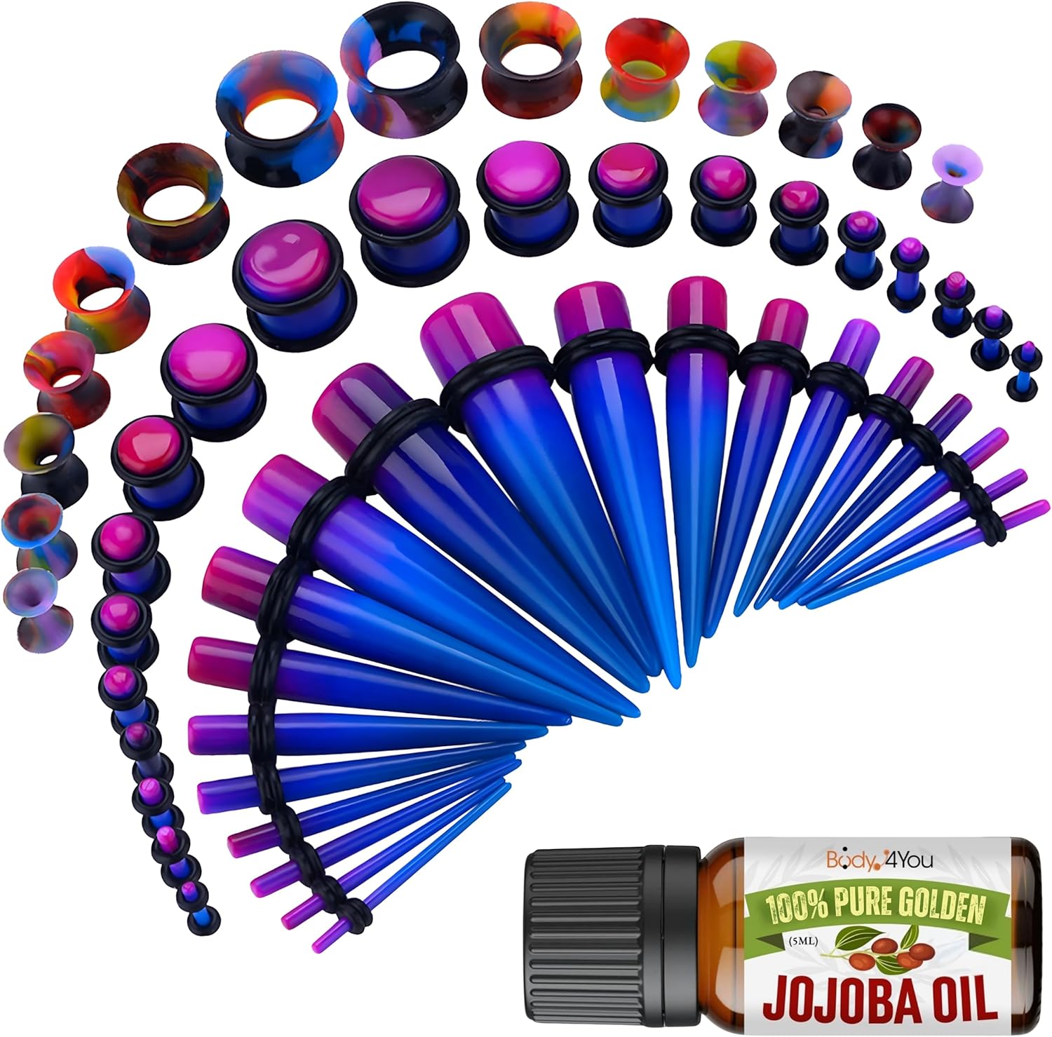 BodyJ4You 54PC Ear Gauge Stretching Kit - Gauges Ears 14G-12mm Starter Set - Jojoba Oil - Purple Blue Acrylic Tapers Plugs Silicone Tunnels - Dead Stretching Lobe Beginner Men Women Expander Piercing