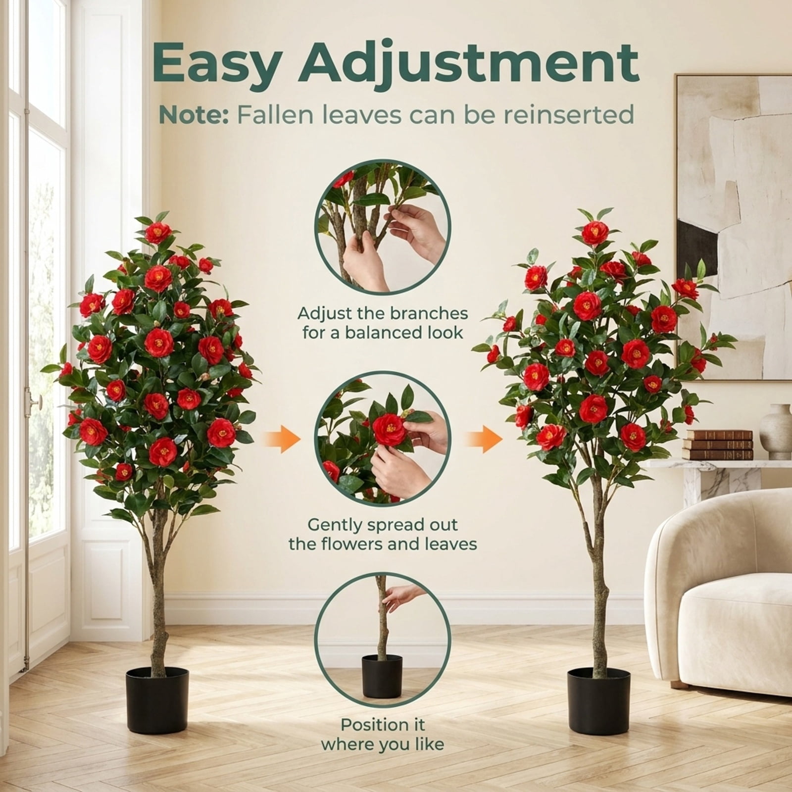 Vebreda Artificial Plant Decor, 2-Pack Artificial Camellia Tree Faux Flower Plant in Cement-Filled Pot, Lifelike & Elegant Design