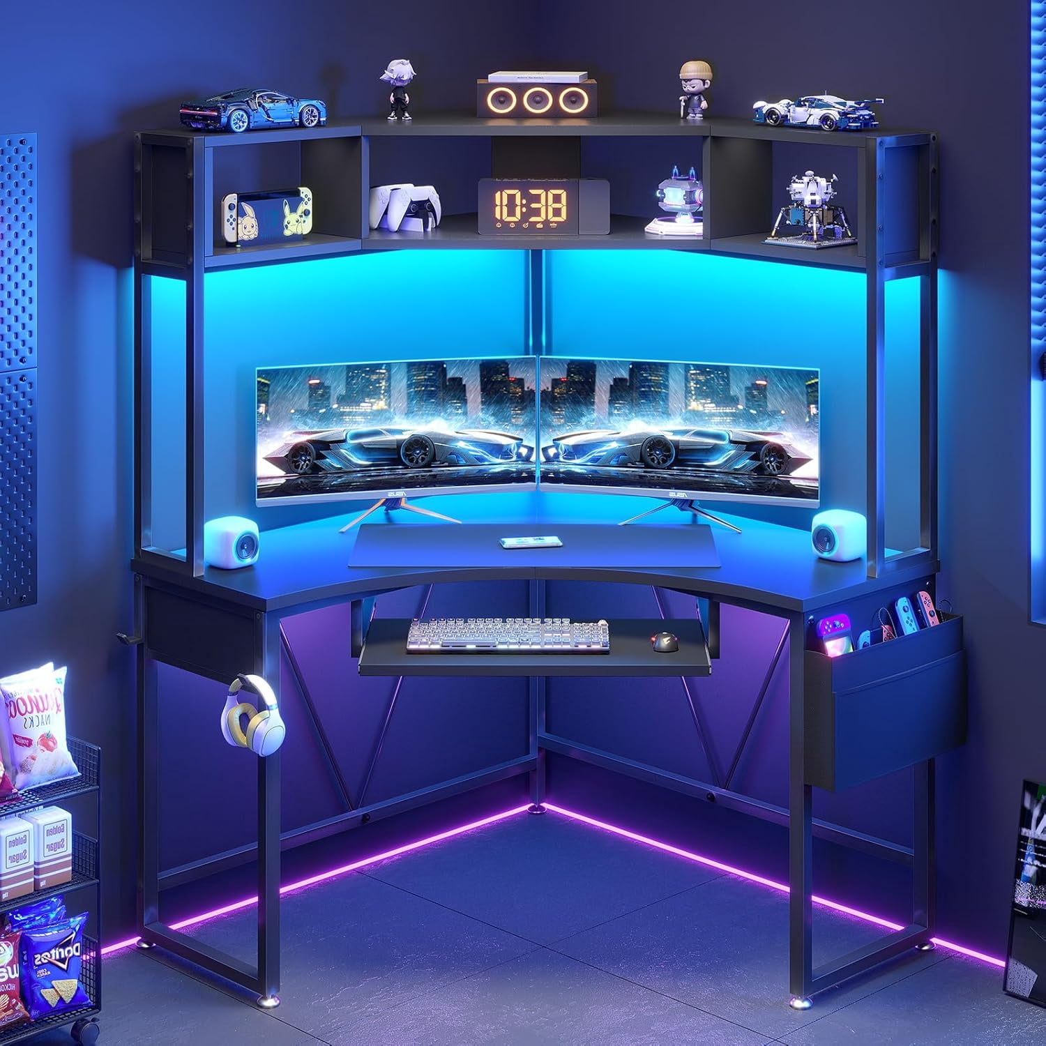 SEDETA Corner Computer Desk with Hutch, Black Gaming Desk with Keyboard Tray & Hooks, Writing Desk for Small Space