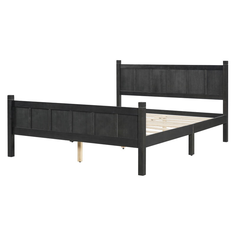 Queen Size Farmhouse Platform Bed with Flat Panel Designed Headboard & Footboard, Minimalist Wood Bed Frame with Under-Bed Storage